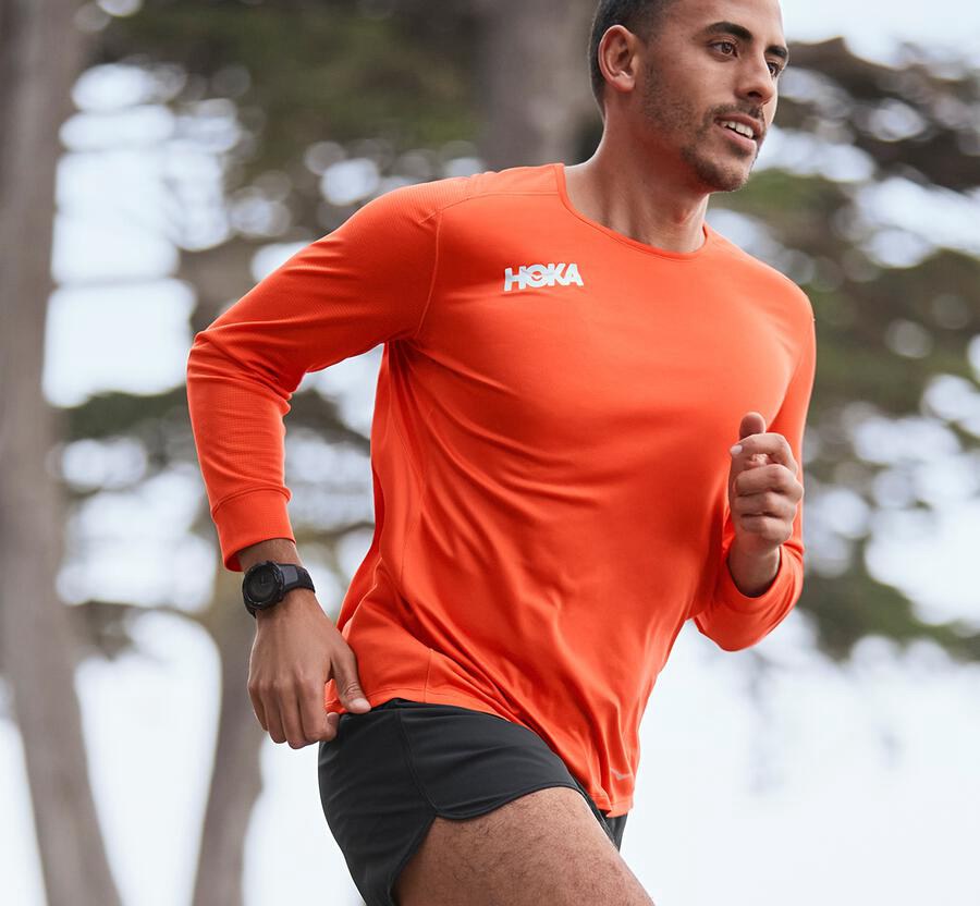 Tops Mens - Hoka One One Performance 3/4 Sleeve - Orange - JQCWXHA-69